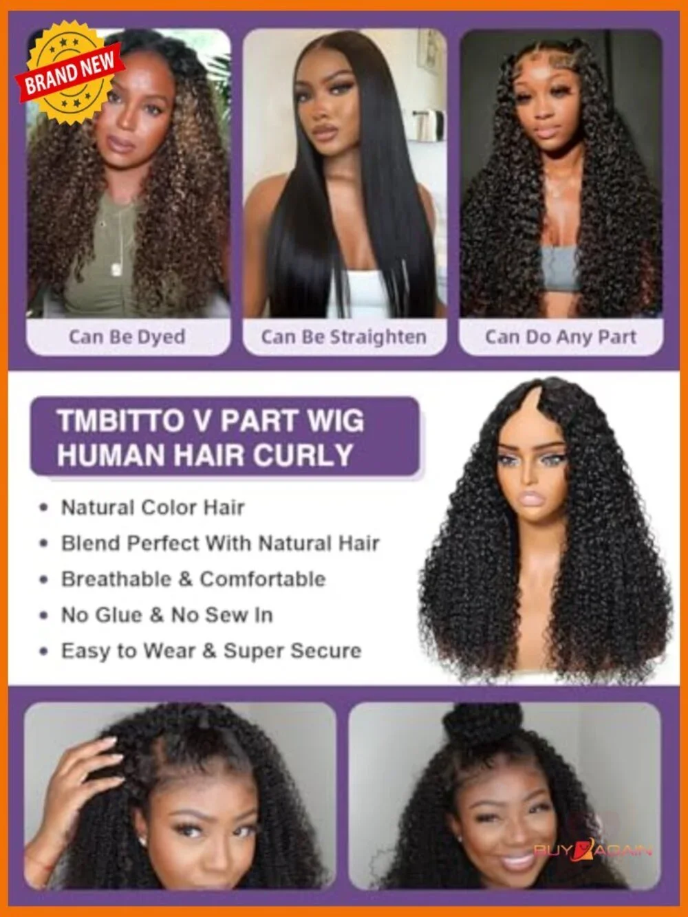 V Part Curly Wig Human Hair 20in Glueless Full Head Clip In 180 Density